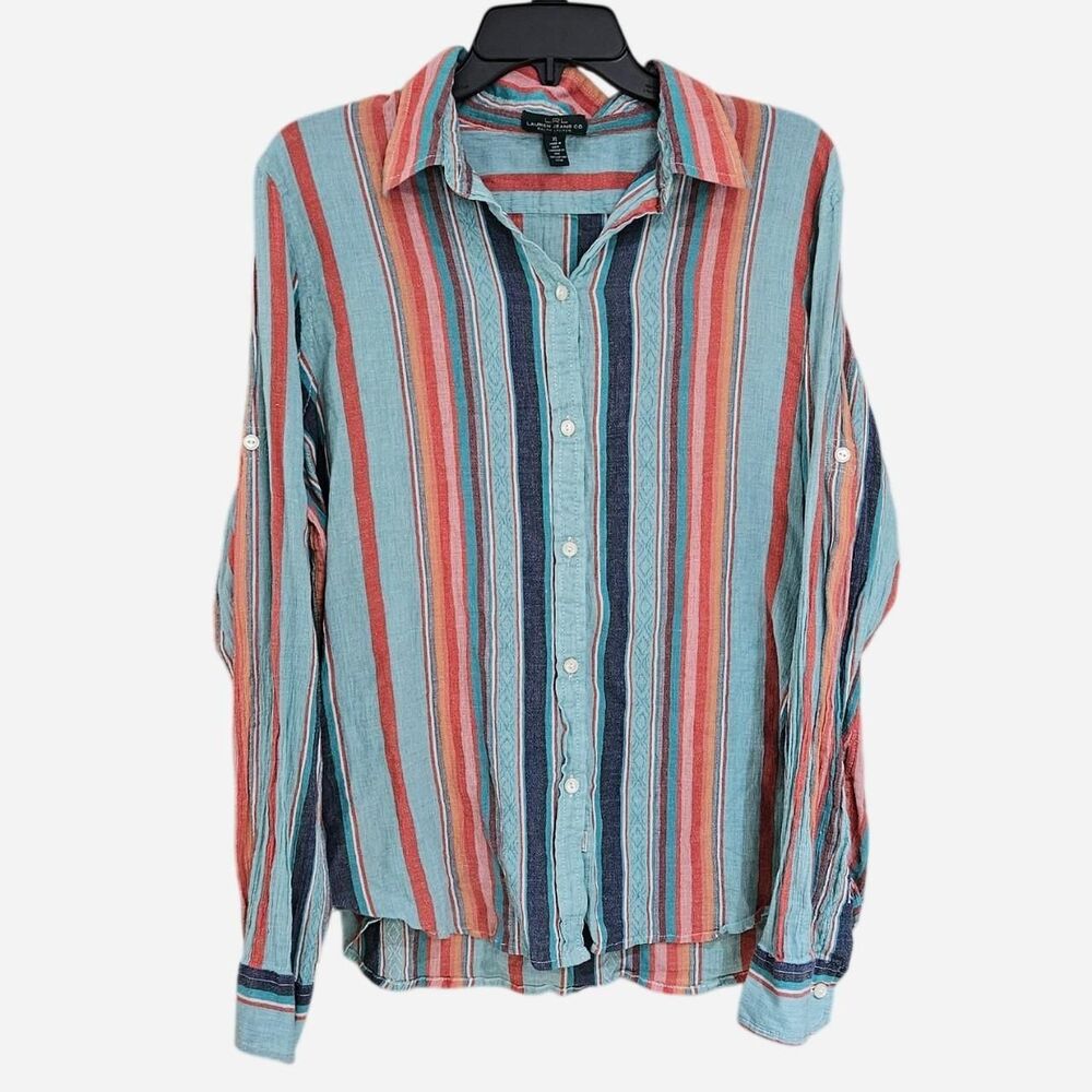 90s y2k western boho blue striped button down roll up sleeves shirt